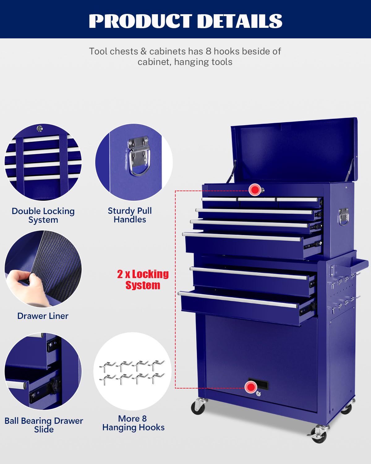 Carrello portautensili Garvee a 8 cassetti con cassetta portautensili staccabile 2 in 1, acciaio, officina e garage, bloccabile, con ruota, ammortizzante