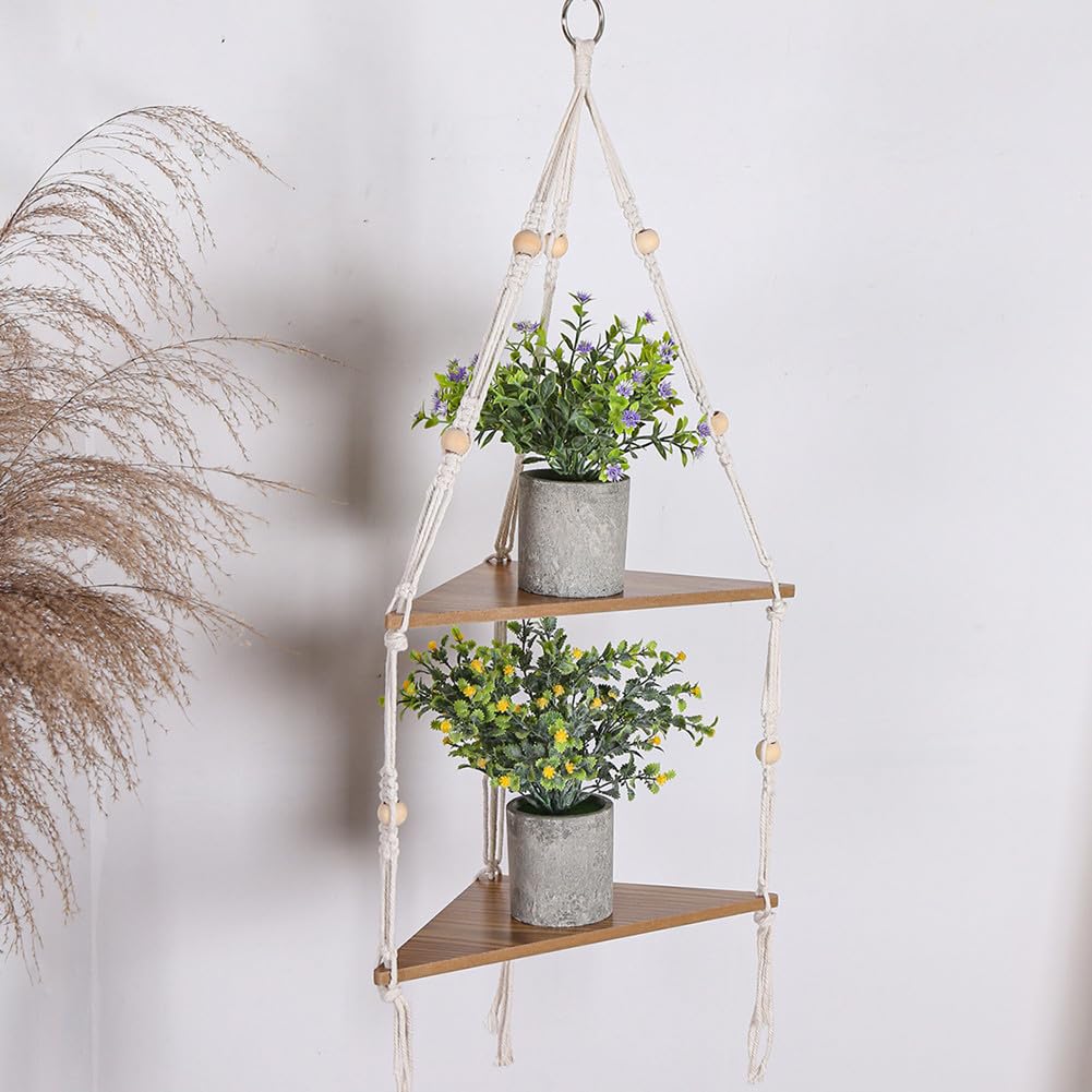 Mensola sospesa Garvee a 2 livelli angolare con corda in legno rustico, stile boho, porta piante regolabile per soggiorno e giardino