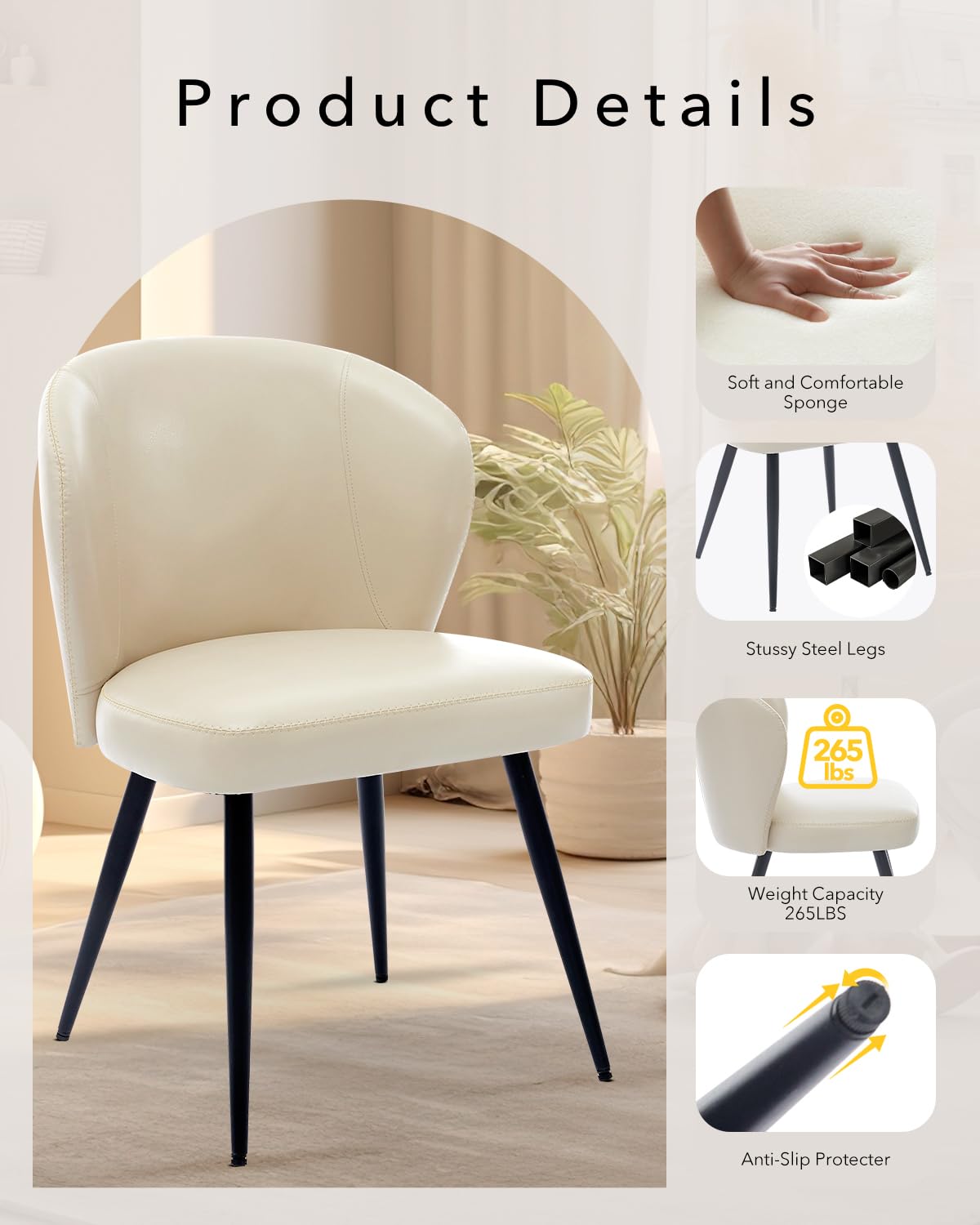 Set di 2 sedie da pranzo Garvee in pelle ergonomica con gambe in acciaio per cucina e sala da pranzo, altezza seduta 23,2" neutra