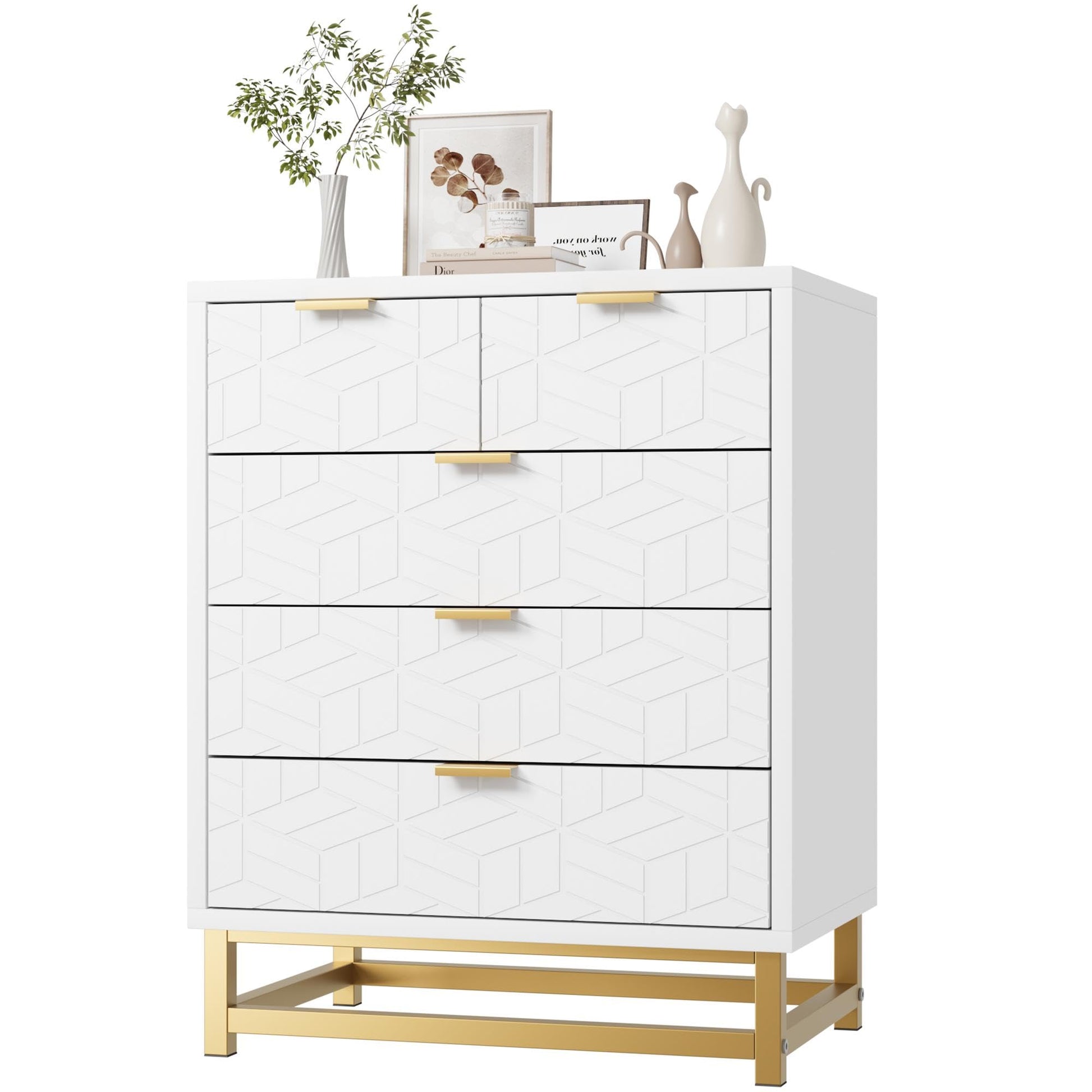 Garvee 5-Schubladen-Schrank MDF Bianco mit Goldfüßen für Wohnzimmer und Büro, 73x51,5x20,5 cm, Modernes Rhombus-Design