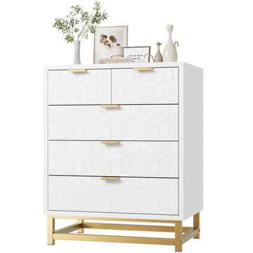 Garvee 5-Schubladen-Schrank MDF Bianco mit Goldfüßen für Wohnzimmer und Büro, 73x51,5x20,5 cm, Modernes Rhombus-Design