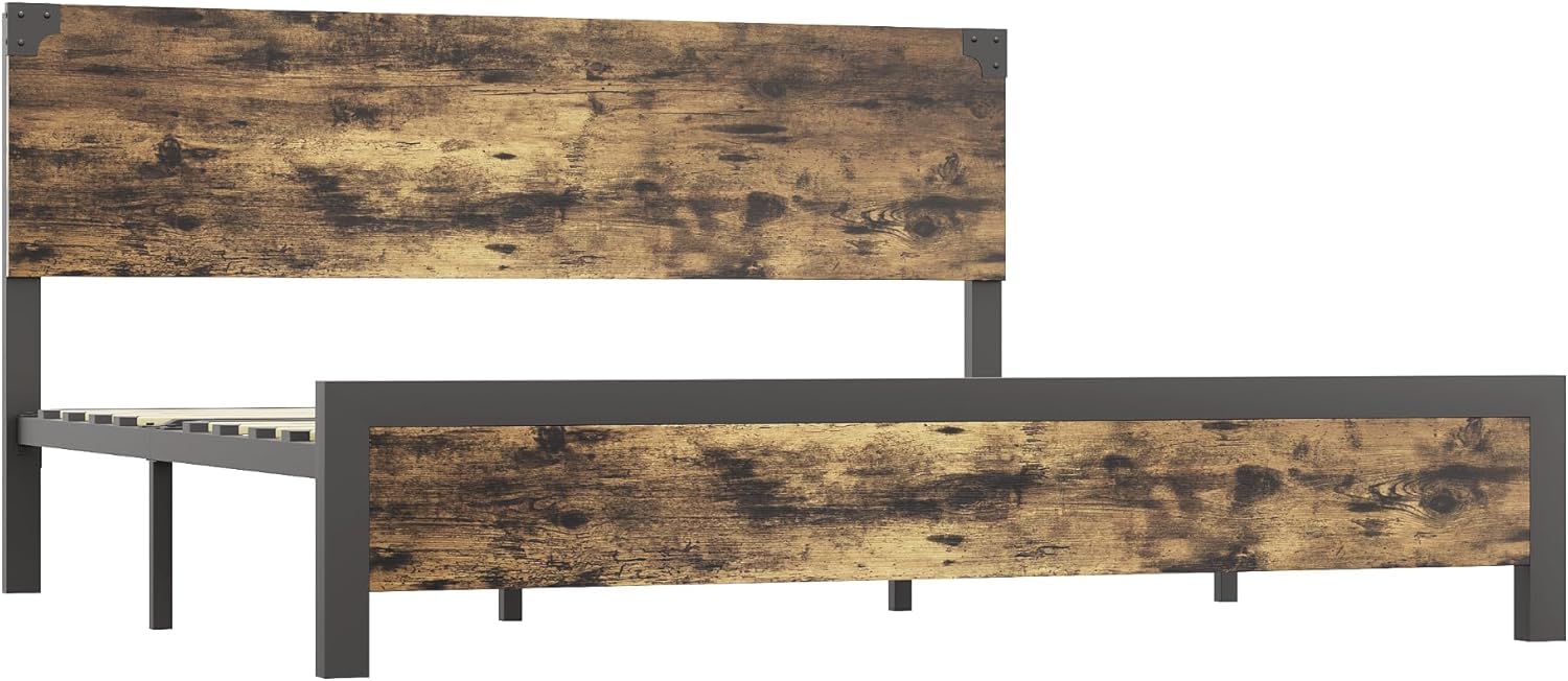 Struttura letto matrimoniale Garvee con testiera in legno, silenziosa, gambe in metallo, letto a piattaforma con contenitore, marrone rustico, camera da letto