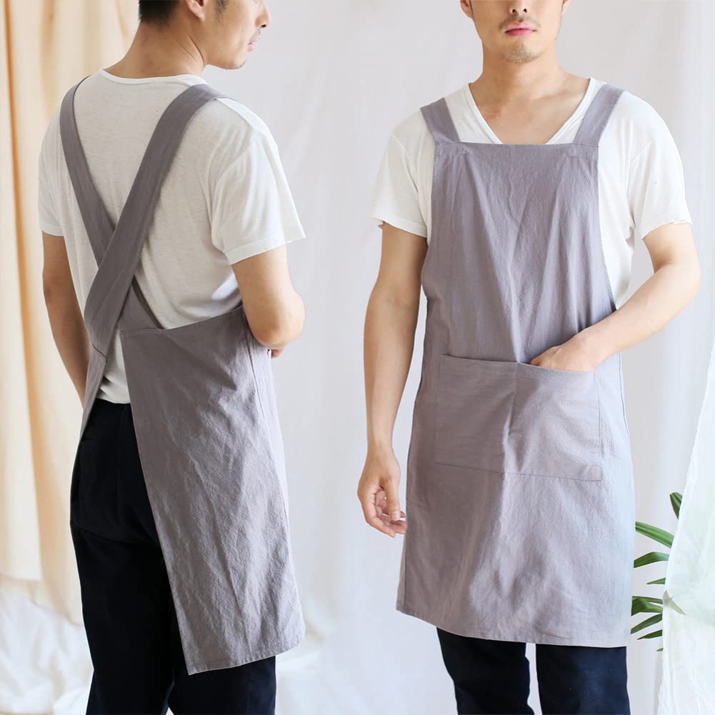 Garvee Küchenschürze Unisex Stile Giapponese Mit Großen Taschen, Schienale Incrociato Für Küche, Giardinaggio, Pittura, 72x90 cm, Grigio