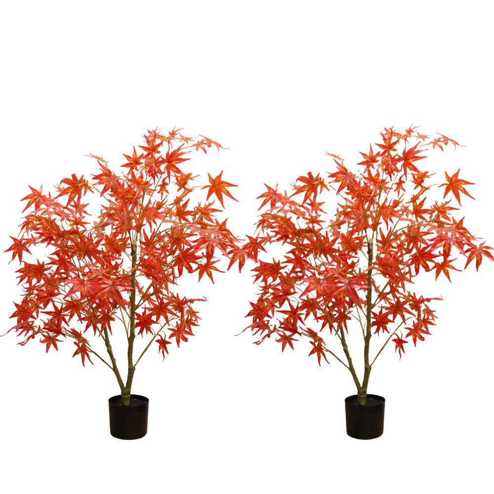 Garvee Set da 2 pezzi di acero artificiale da 4 piedi con foglie autunnali e vaso per decorazioni autunnali e feste in rosso