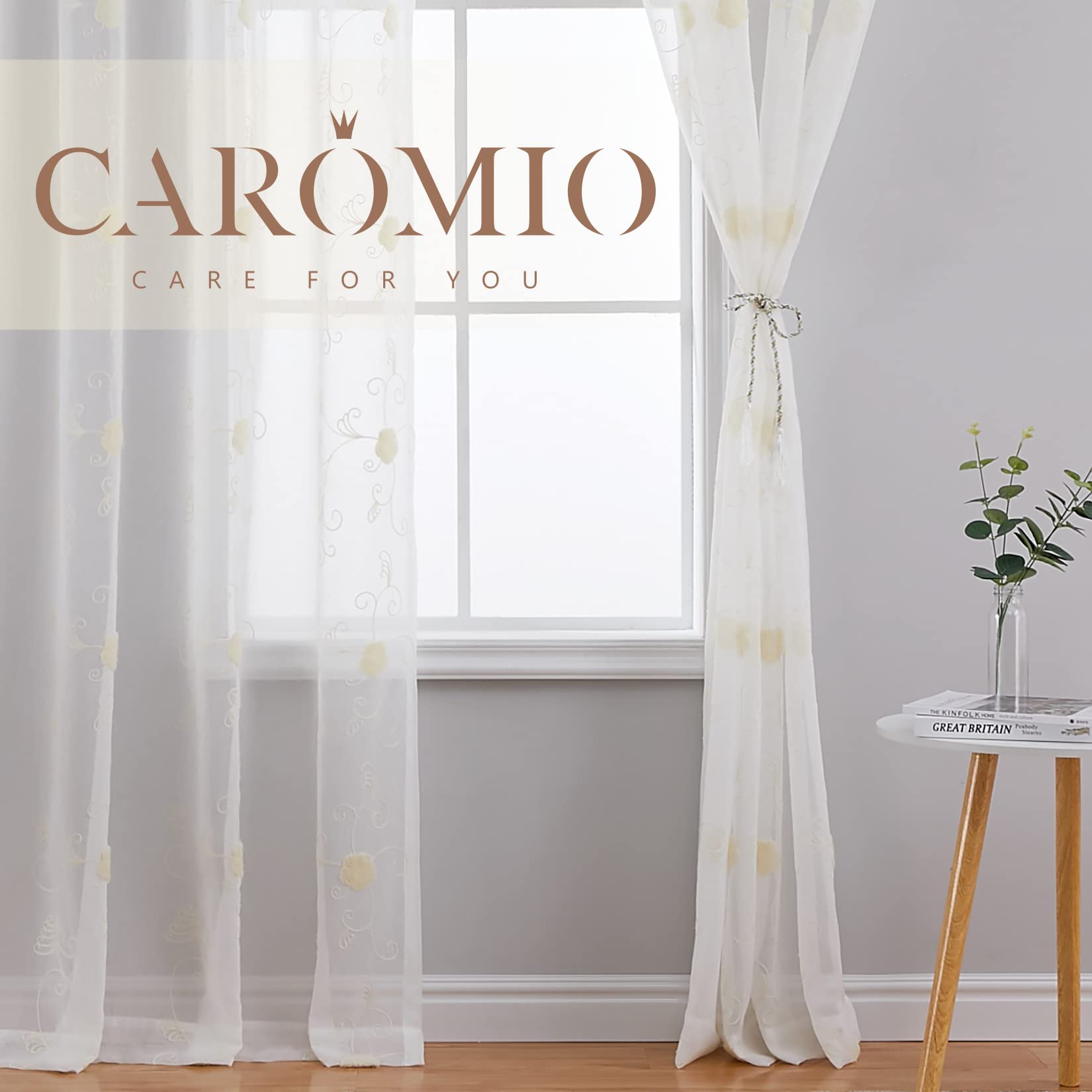 GARVEE Tenda trasparente per cucina, mezza tenda con motivo floreale, tende in voile per bagno, 140x260 cm, beige