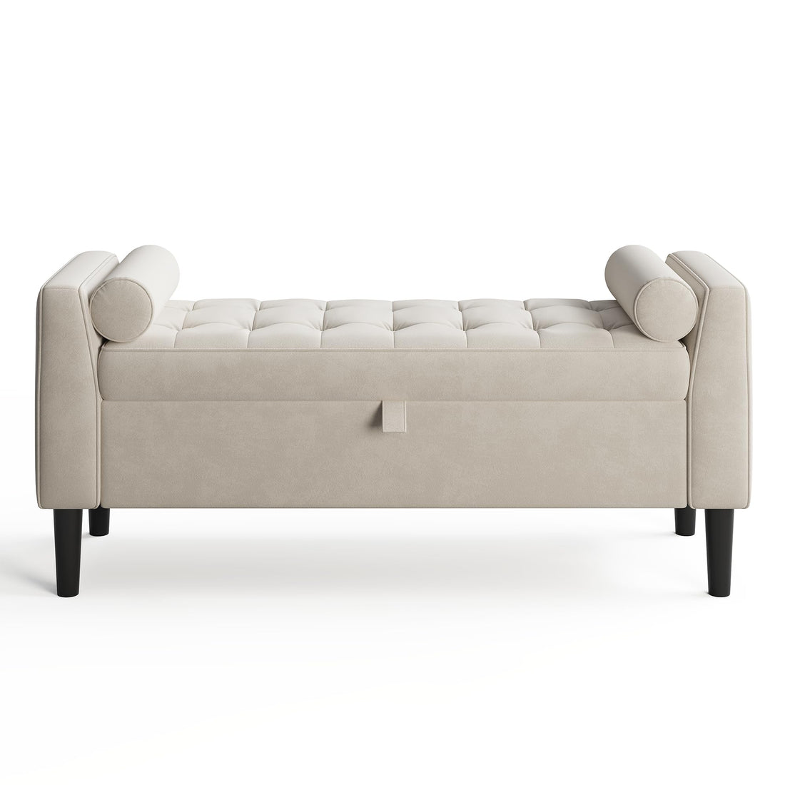 Panca contenitore Garvee da 46,5" con rivestimento in velluto, spazio di archiviazione e gambe in legno per corridoio e camera da letto, beige, imbottita, cerniere di sicurezza