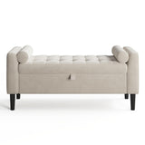 Panca contenitore Garvee da 46,5" con rivestimento in velluto, spazio di archiviazione e gambe in legno per corridoio e camera da letto, beige, imbottita, cerniere di sicurezza - beige