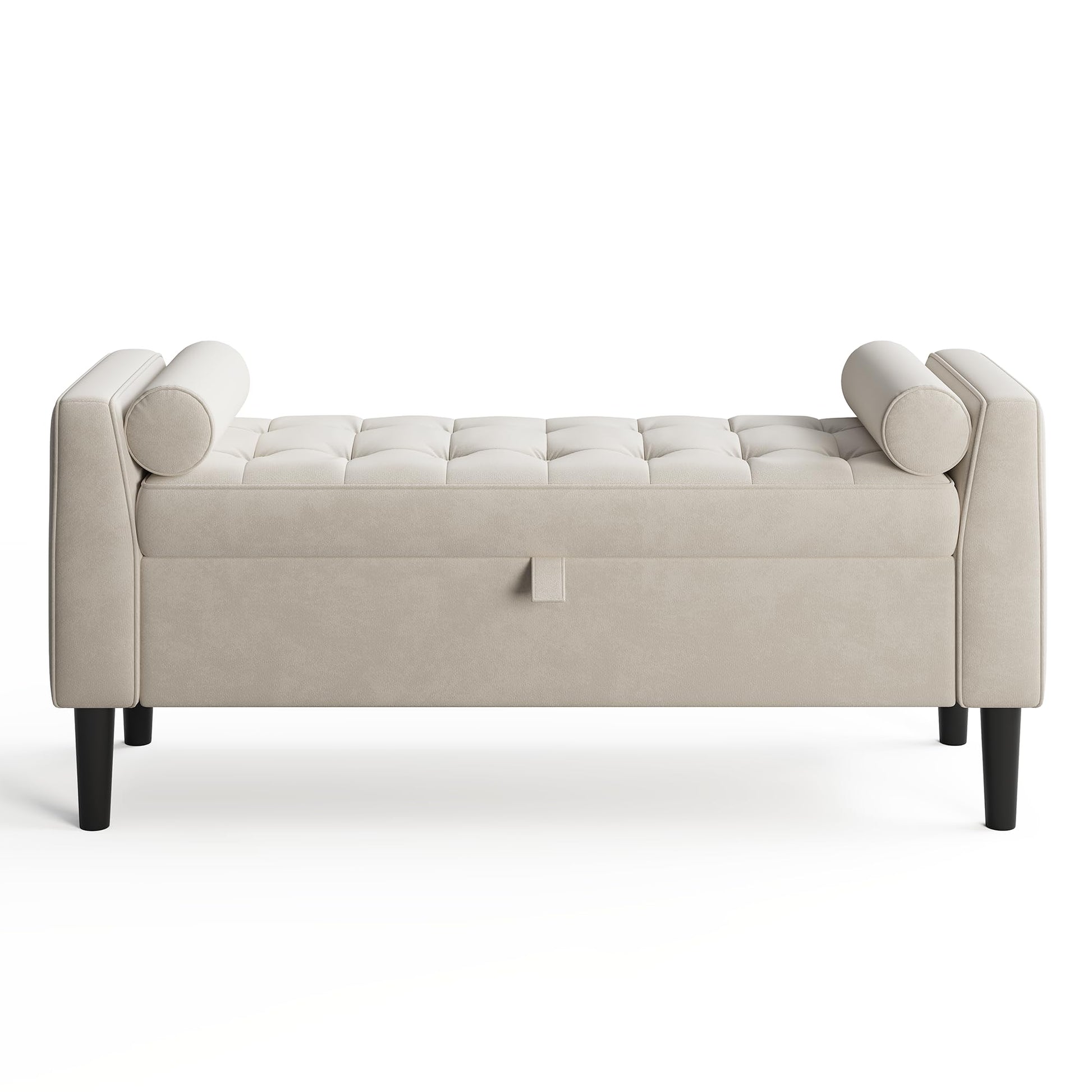 Panca contenitore Garvee da 46,5" con rivestimento in velluto, spazio di archiviazione e gambe in legno per corridoio e camera da letto, beige, imbottita, cerniere di sicurezza