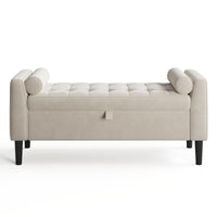 Panca contenitore Garvee da 46,5" con rivestimento in velluto, spazio di archiviazione e gambe in legno per corridoio e camera da letto, beige, imbottita, cerniere di sicurezza