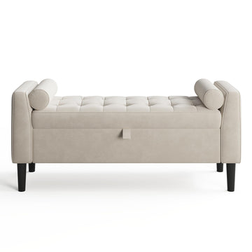 Panca contenitore Garvee da 46,5" con rivestimento in velluto, spazio di archiviazione e gambe in legno per corridoio e camera da letto, beige, imbottita, cerniere di sicurezza
