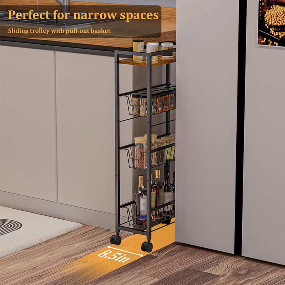 Carrello Garvee Slim a 4 ripiani con piano in legno, acciaio robusto, per cucina e bagno, 7,7 pollici di larghezza, nero