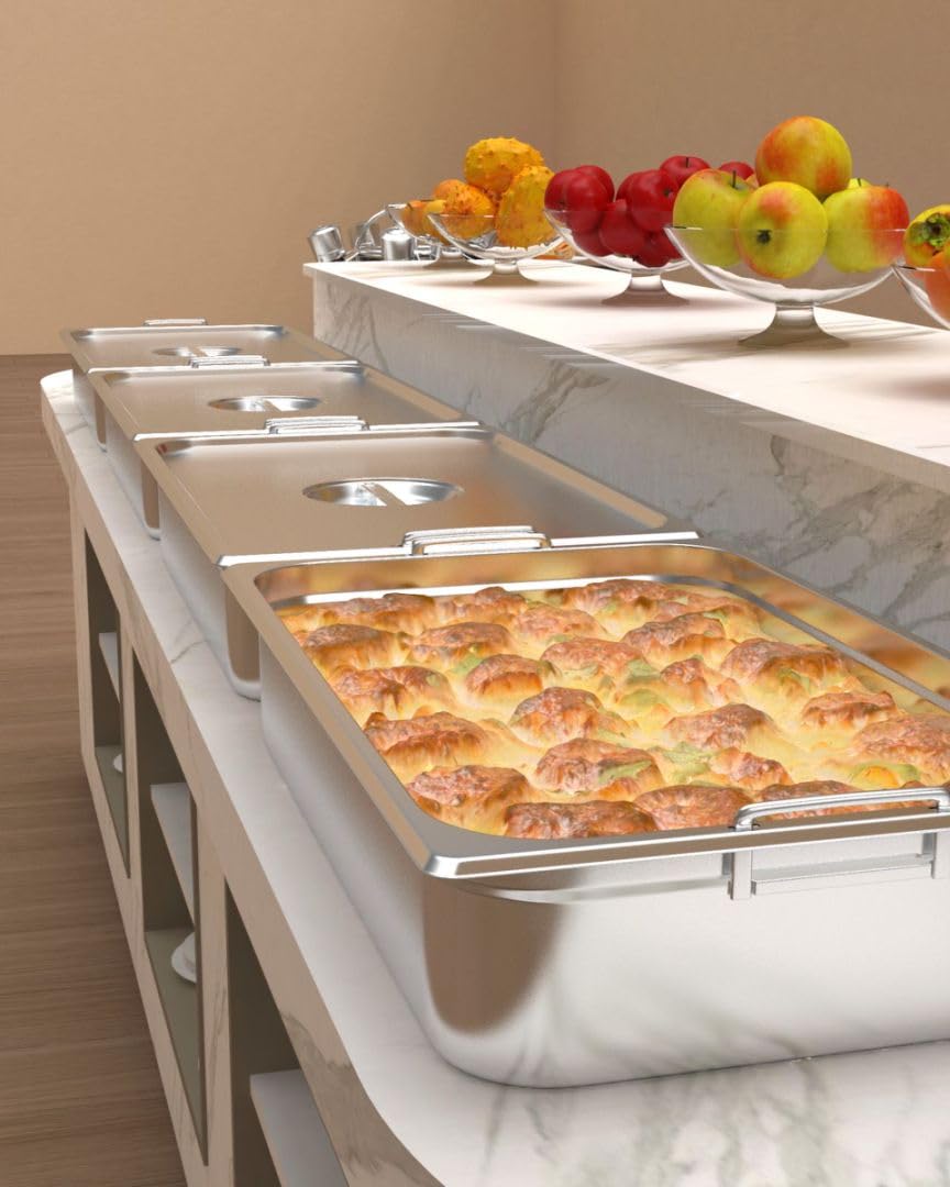 Garvee Set 6 Vassoi Catering Acciaio Inox Profondi 10.16 cm Standard - Ideali per Eventi e Feste, Finitura Specchio Senza Manico/Coperchio