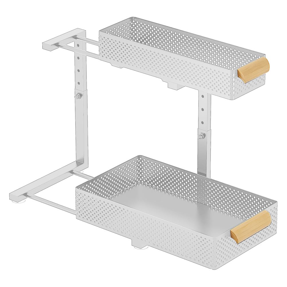 Organizzatore sottolavello Garvee, set da 2, metallo, cassetto scorrevole a 2 livelli, altezza regolabile, cucina, bagno, dispensa