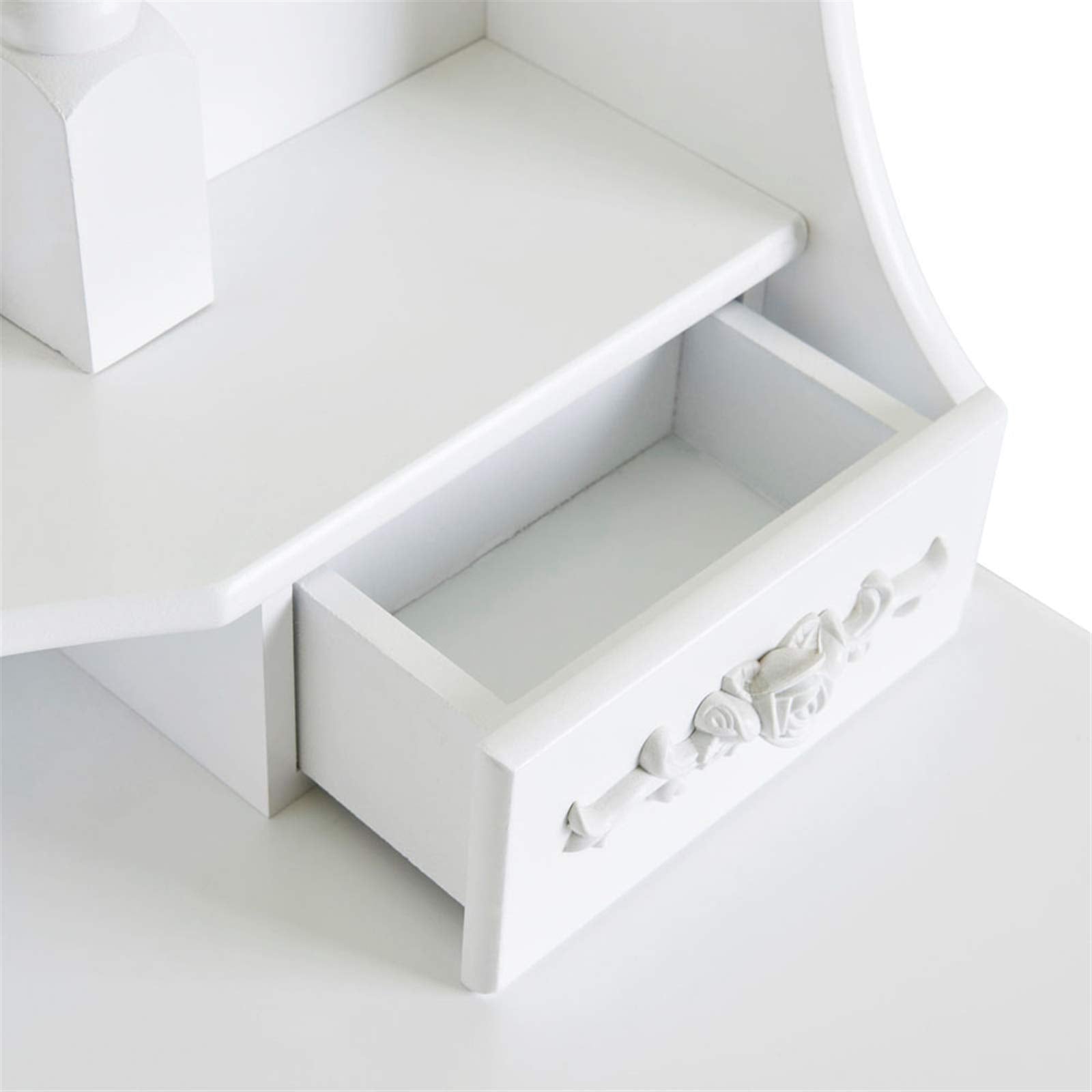 Tavolo da toeletta Garvee con sgabello, specchio girevole a 360°, 4 cassetti, 142,5 cm, bianco, tavolo da trucco per camera da letto