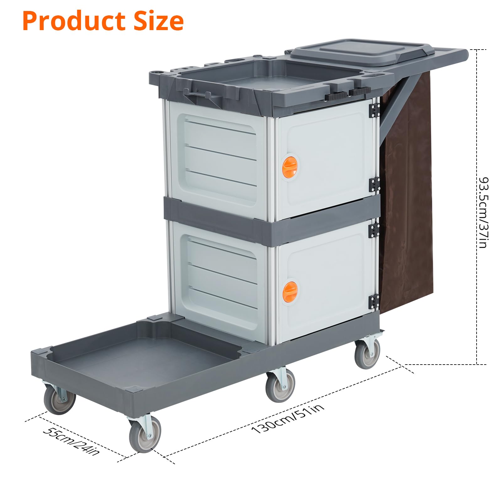 Carrello per pulizie commerciali Garvee con 2 armadietti, 3 ripiani, 6 ruote per ufficio e hotel, grigio, capacità 300 libbre
