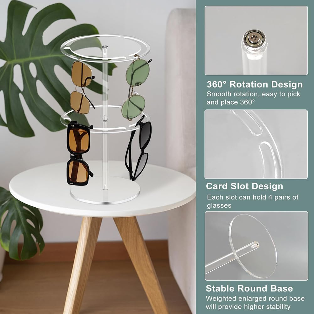 Espositore per occhiali da sole Garvee, espositore trasparente a due livelli, girevole a 360°, in acrilico, per gioielli e occhiali da tavolo