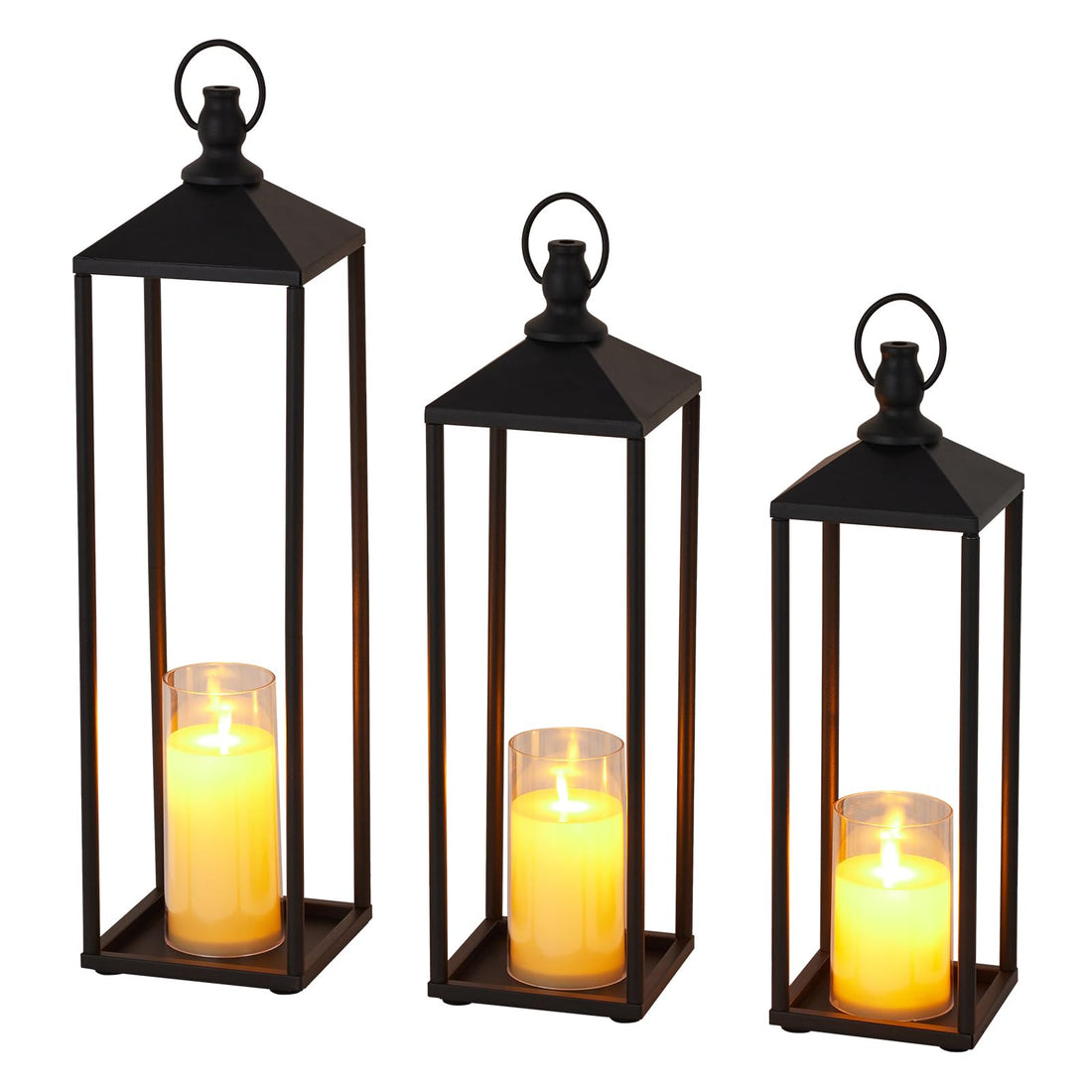 Garvee Set di 3 lanterne decorative in metallo con candele LED senza fiamma, nere, per uso interno ed esterno, giardino e terrazza, 22", 19", 17"