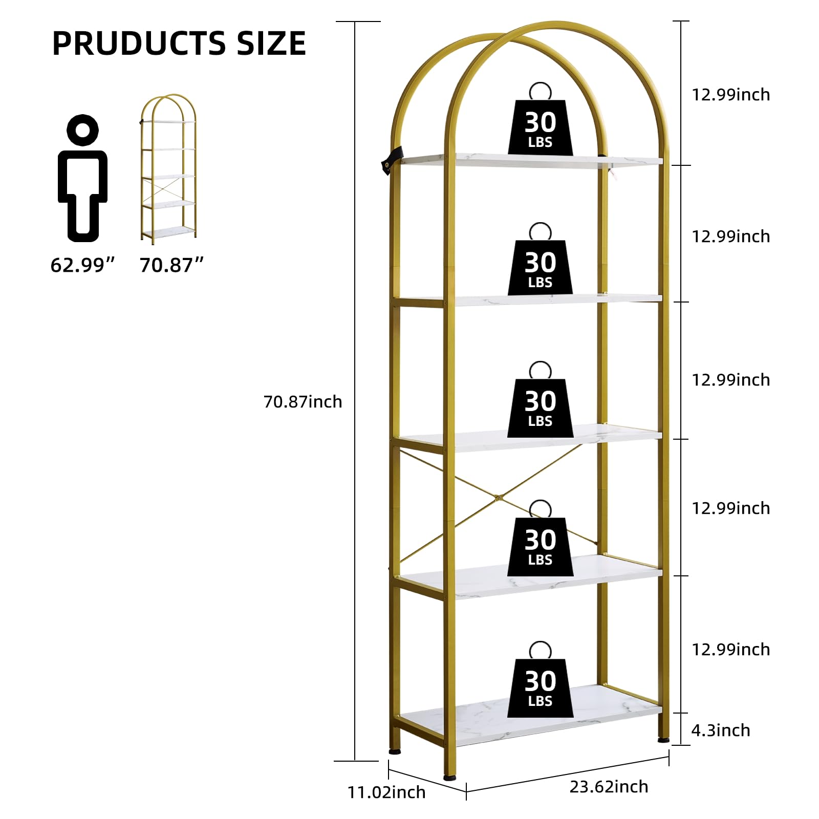 Scaffale curvo Garvee a 5 ripiani con struttura in metallo per soggiorno e ufficio, design moderno, robusto, salvaspazio, truciolato, antigraffio