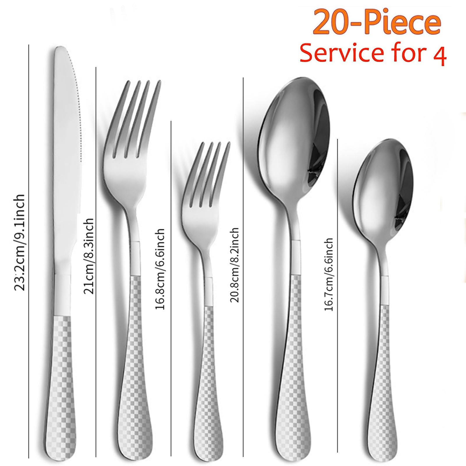 Set di posate Garvee da 20 pezzi in argento per 4 persone, acciaio inossidabile, design a scacchi, lucidato a specchio, lavabile in lavastoviglie, cucina e ristorante, argento