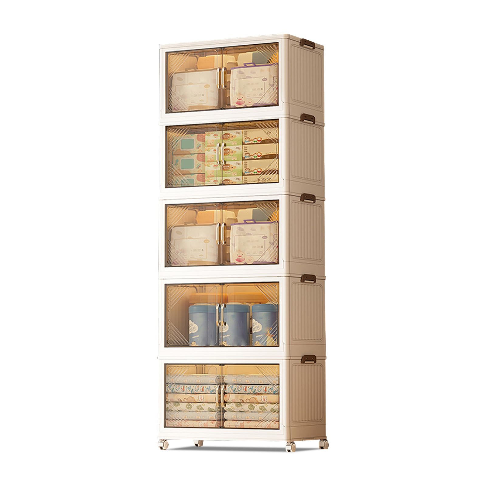 Garvee Scatole portaoggetti impilabili a 5 ripiani con ruote, pieghevoli, ante magnetiche per soggiorno e camera da letto, 45x27x116 cm, trasparenti