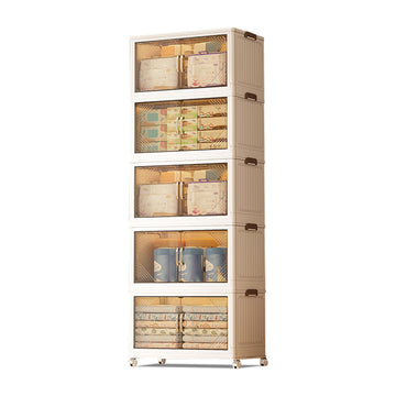 Garvee Scatole portaoggetti impilabili a 5 ripiani con ruote, pieghevoli, ante magnetiche per soggiorno e camera da letto, 45x27x116 cm, trasparenti