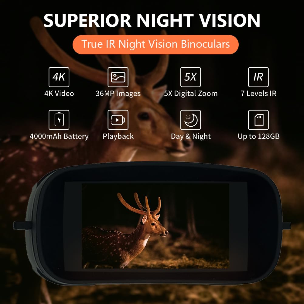 Occhiali per la visione notturna Garvee con risoluzione 4K da 36 MP, doppio uso per caccia, campeggio, viaggi, neri