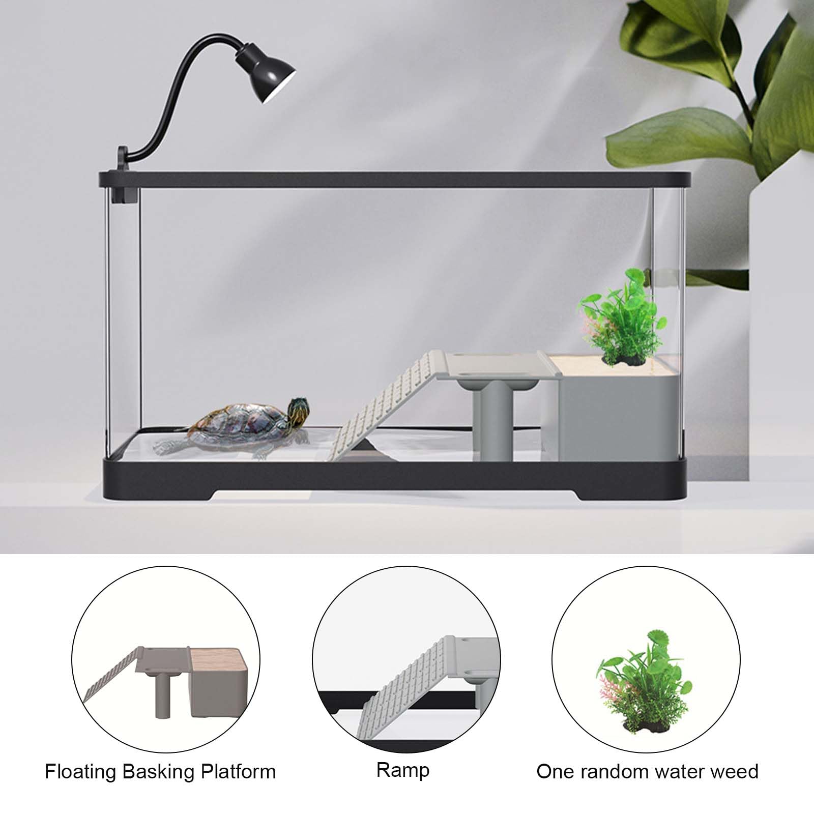Kit acquario per tartarughe Garvee con piattaforma per il bagno, luce, rampa, acrilico, 15,7×8,7×9 pollici, trasparente, vista a 360° per tartarughe acquatiche