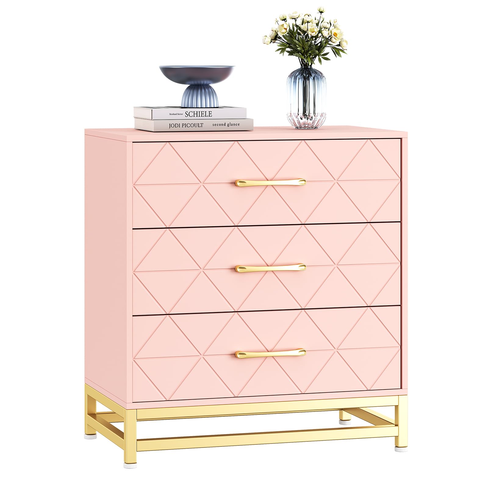 Cassettiera in legno Garvee con 3 cassetti, spazio di archiviazione, MDF rosa, antipolvere, soggiorno, camera da letto, corridoio, compatta
