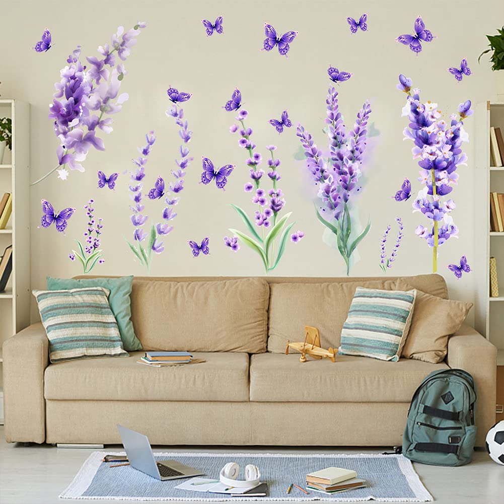 Garvee 2 fogli/set adesivi murali viola lavanda rimovibili a getto d'inchiostro per la decorazione del soggiorno, materiale in PVC, facili da usare, autoadesivi, superficie liscia