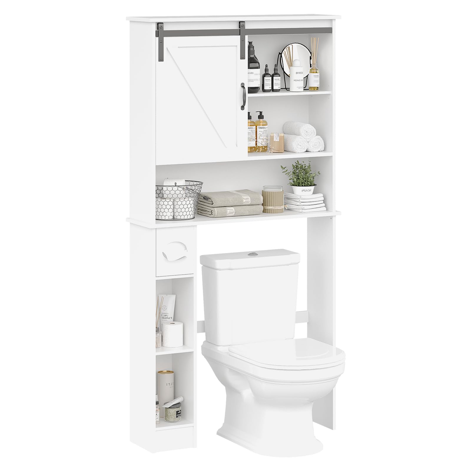 Mobiletto portaoggetti sopra il WC Garvee con anta scorrevole, ripiano regolabile, porta carta igienica, bianco, legno, salvaspazio per bagno e lavanderia