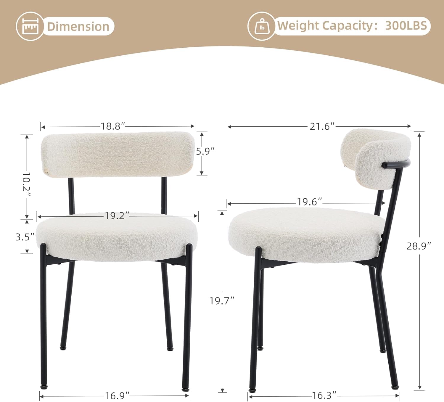 Set di 2 sedie da pranzo Garvee in tessuto bouclé di metà secolo, gambe regolabili e schienale in metallo, ergonomiche e moderne, per sala da pranzo, nere