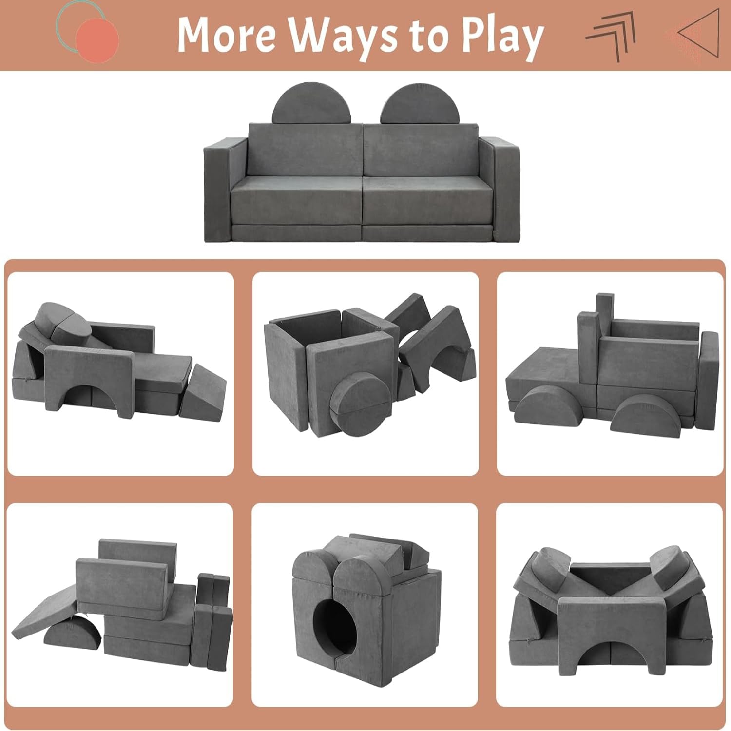 Divano da gioco per bambini Garvee, divano modulare da 8 pezzi, fodera rimovibile, microfibra, grigio scuro, sala giochi