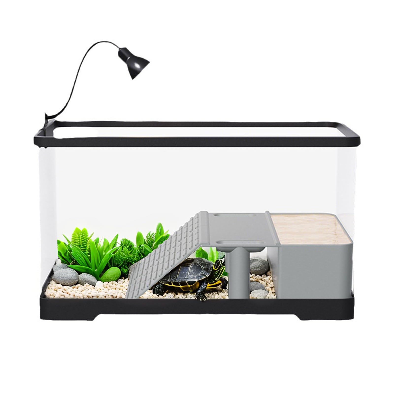 Kit acquario per tartarughe Garvee con piattaforma per il bagno, luce, rampa, acrilico, 15,7×8,7×9 pollici, trasparente, vista a 360° per tartarughe acquatiche