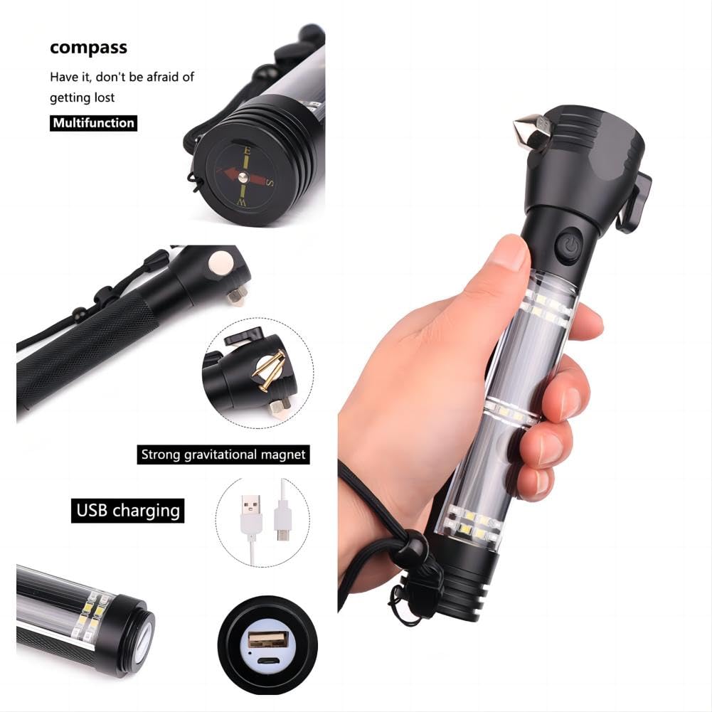 Garvee 10 in 1 Torcia LED per auto, emergenza, solare, ricaricabile tramite USB, multifunzionale, 7 modalità, rompivetro, tagliacinture di sicurezza