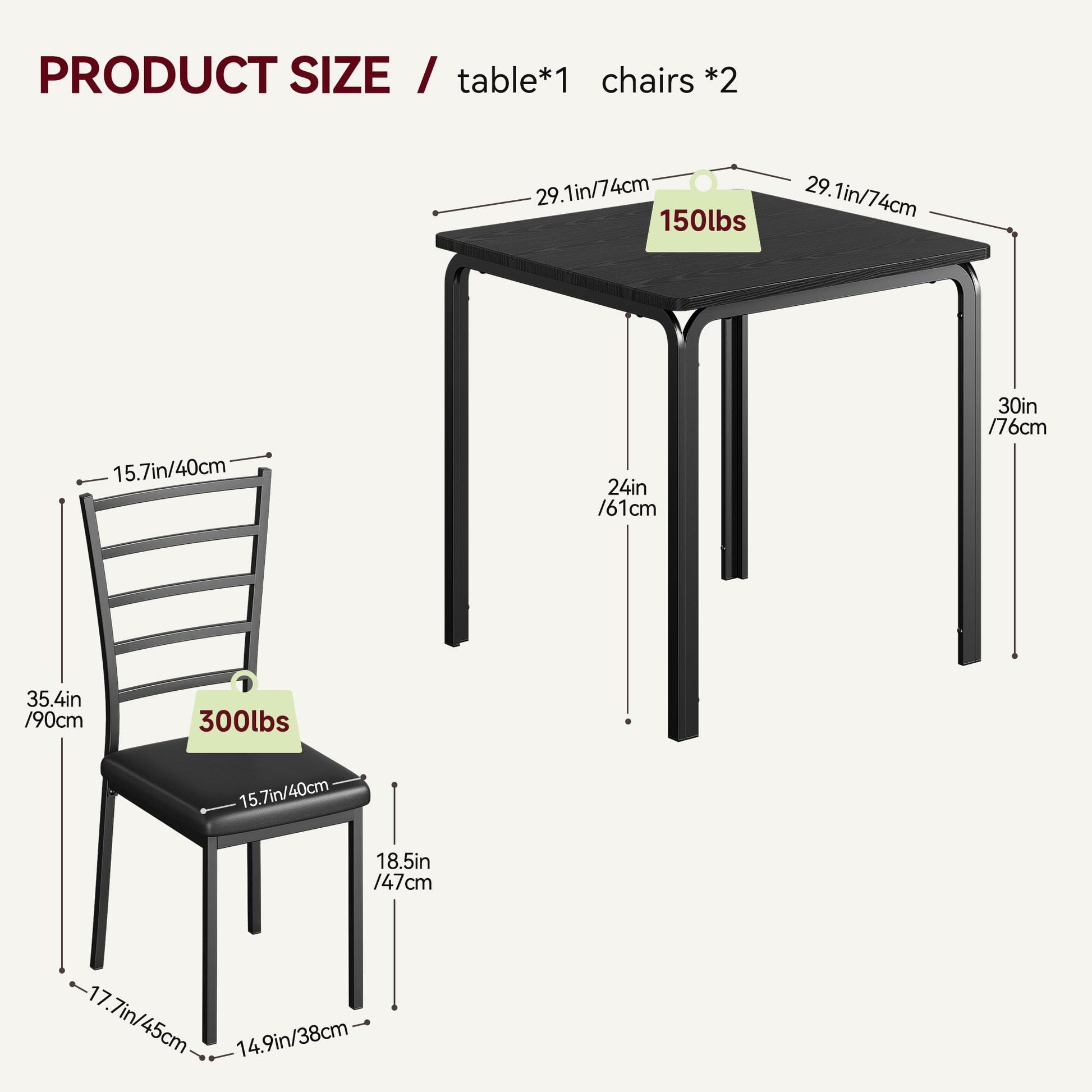 Set da pranzo Garvee da 3 pezzi per 2 persone con sedie imbottite, piano in MDF, salvaspazio, stabile, ideale per cucina e sala da pranzo, design moderno, nero