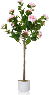 Garvee Albero Artificiale Camelia 3.6FT con 20 Fiori Rosa, Vaso Bianco Stabile, Foglie PEVA, Decorazione Interni Ufficio Casa