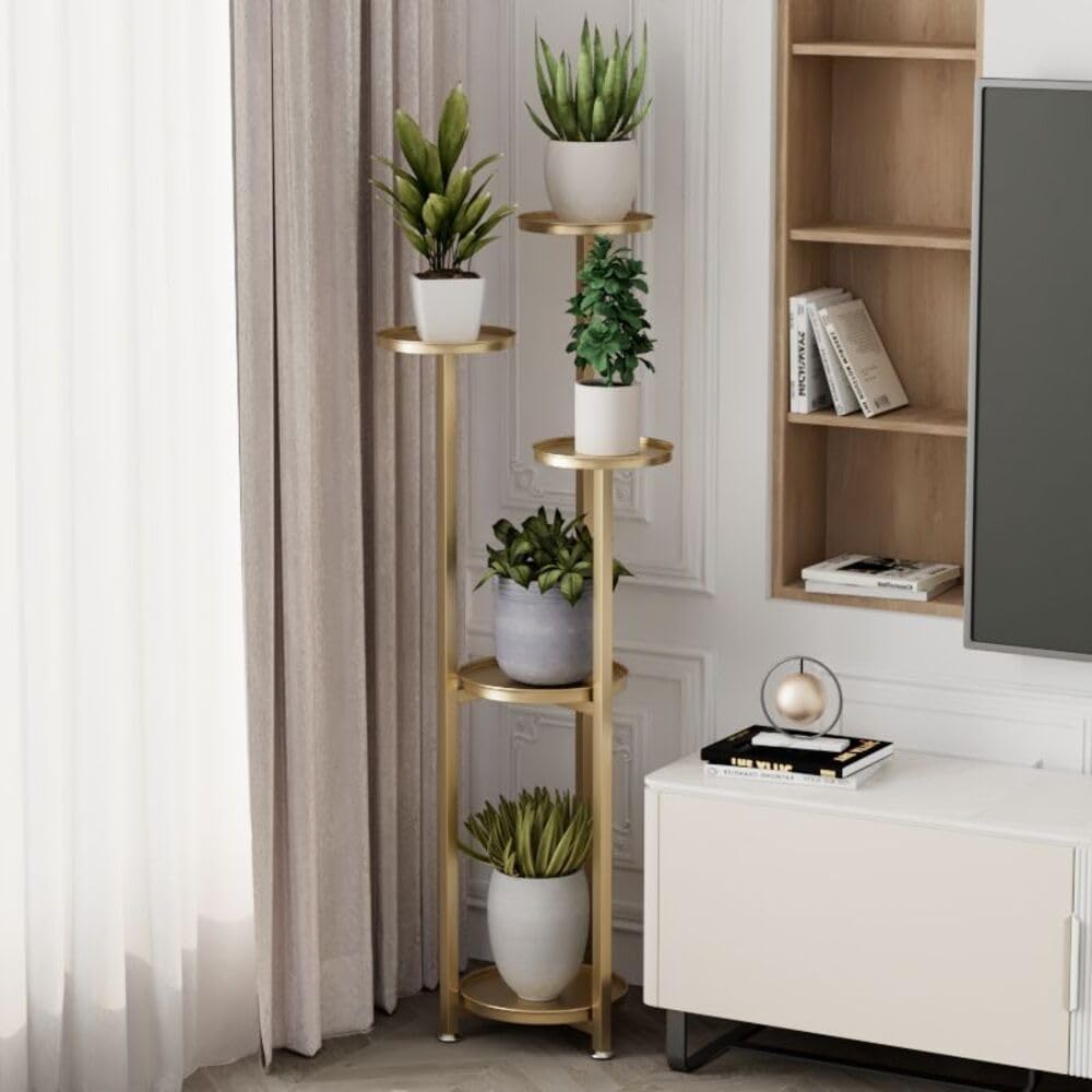 Supporto per piante multilivello Garvee, mensola angolare, altezza 120 cm, acciaio dorato e bambù, per soggiorno, balcone, salvaspazio
