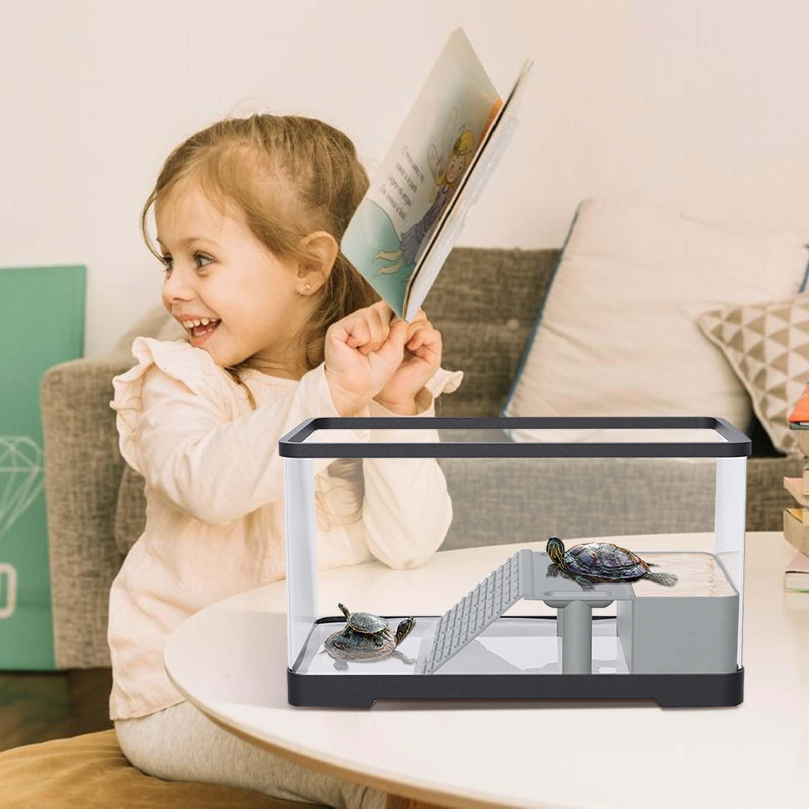 Kit acquario per tartarughe Garvee con piattaforma per il bagno, luce, rampa, acrilico, 15,7×8,7×9 pollici, trasparente, vista a 360° per tartarughe acquatiche