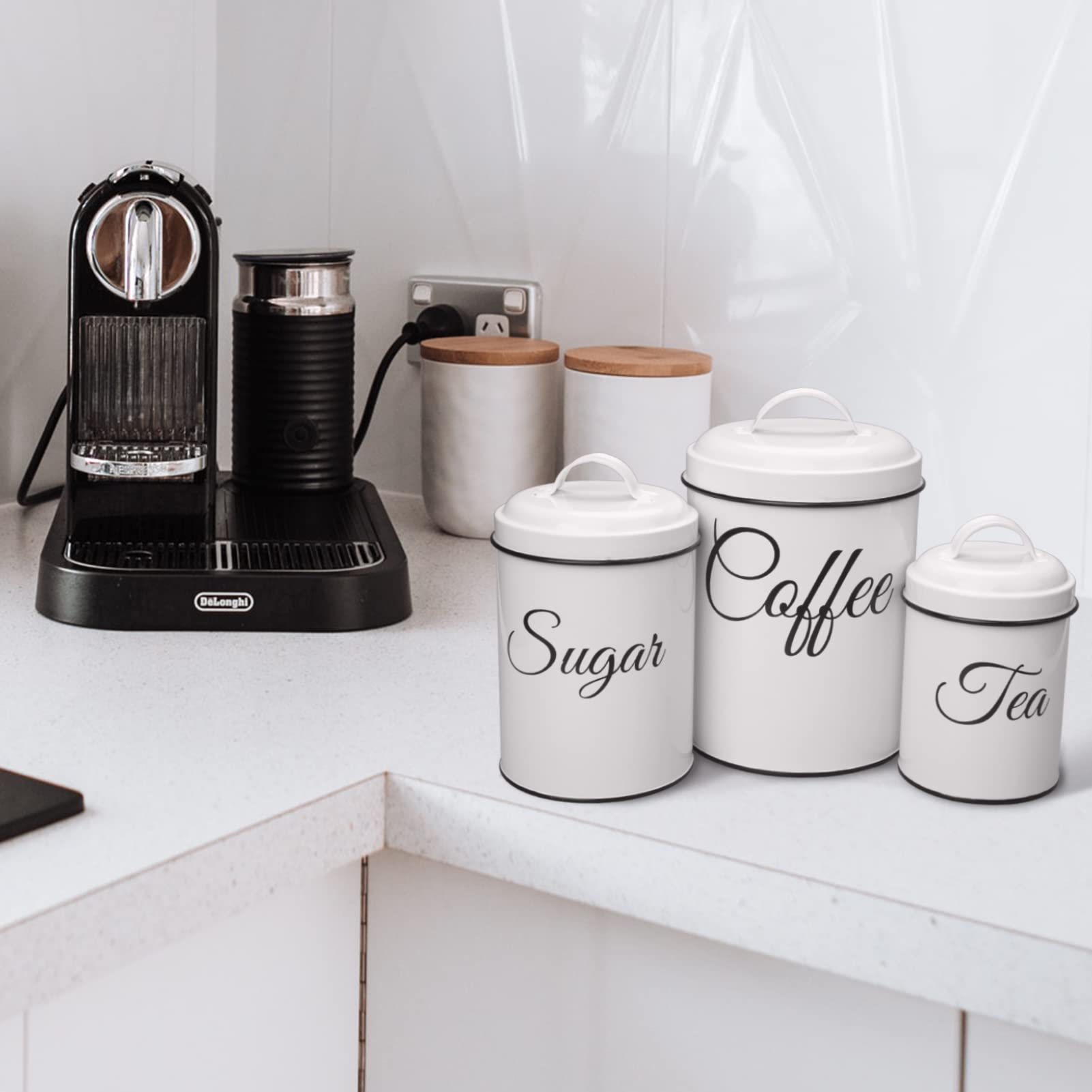 Contenitori per la conservazione Garvee con coperchio, set da 3, contenitori in metallo per caffè, tè e zucchero, bianchi, 1,5 l, ermetici, impilabili