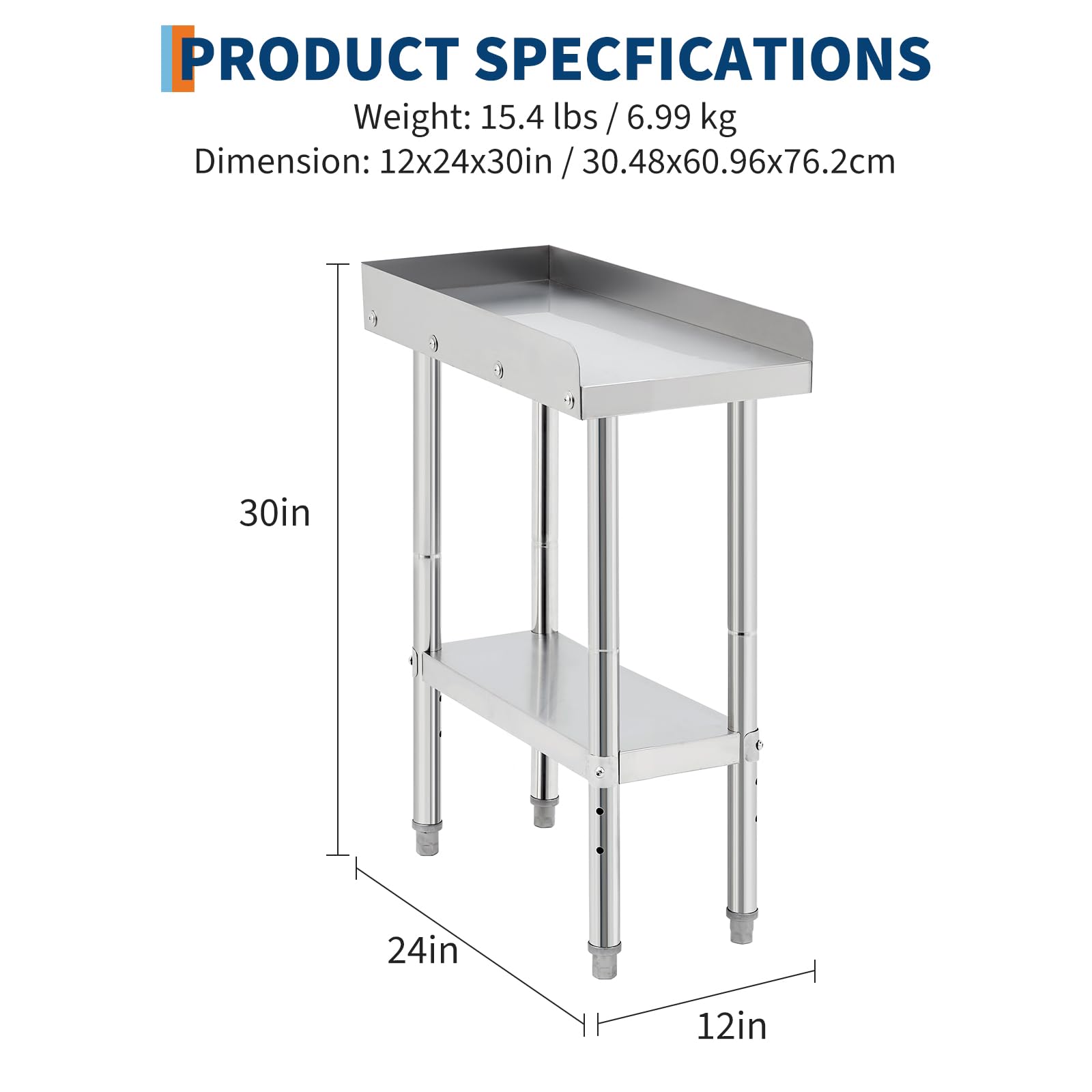 Tavolo da griglia in acciaio inossidabile Garvee 12x24x30 pollici con deflettore da 2 pollici e blocchi ruota per cottura e barbecue, capacità di carico di 660 libbre, certificato NSF, struttura robusta, argento