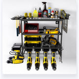 Organizzatore per utensili elettrici Garvee, montaggio a parete a 4 livelli con supporti per trapano, robusta struttura in metallo, salvaspazio, nero, per officina e garage - Nero