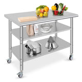 Tavolo da Lavoro in Acciaio Inossidabile Garvee 121.92x60.96x88.9 cm - 3 Livelli, Altezza Regolabile, 4 Ruote - Ideale in Cucina e Ristorante - Sliver