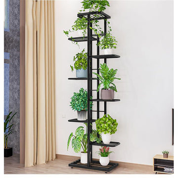 Supporto per piante Garvee, 8 ripiani, metallo, antiscivolo, mensola angolare impermeabile per soggiorno, balcone, giardino, nero