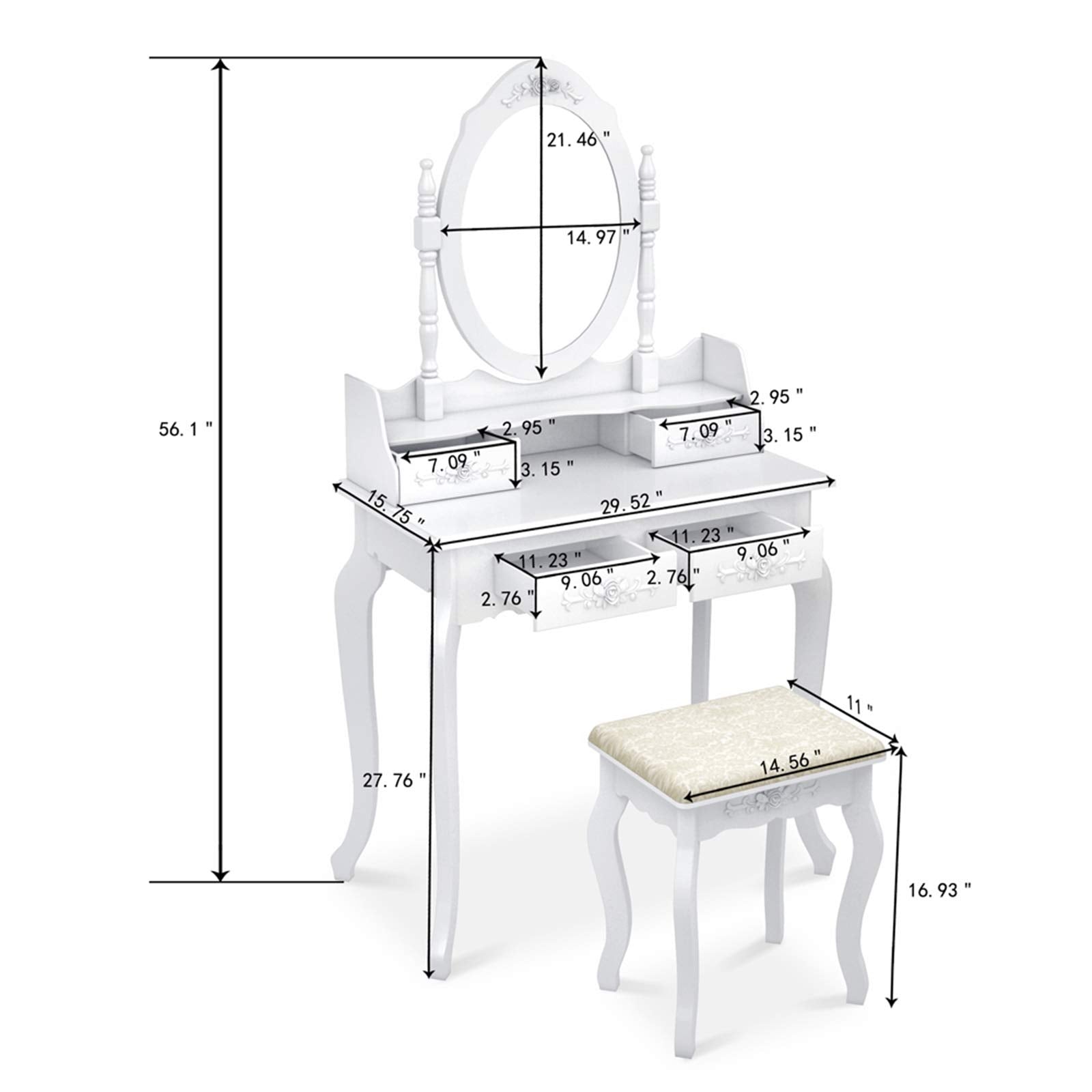 Tavolo da toeletta Garvee con sgabello, specchio girevole a 360°, 4 cassetti, 142,5 cm, bianco, tavolo da trucco per camera da letto