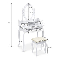 Tavolo da toeletta Garvee con sgabello, specchio girevole a 360°, 4 cassetti, 142,5 cm, bianco, tavolo da trucco per camera da letto