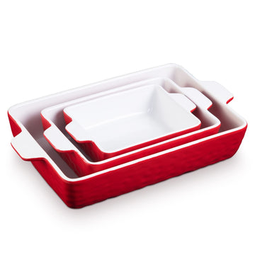 Set di teglie da forno in ceramica Garvee, 3 pezzi, teglie rettangolari con manici per cuocere e cucinare, rosse