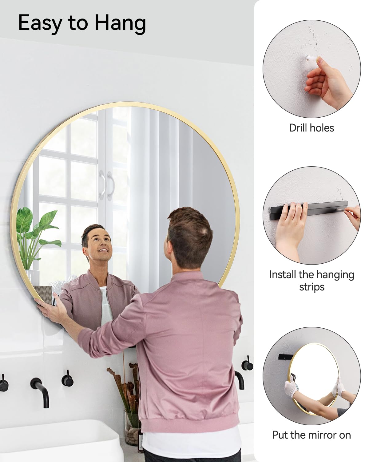 Specchio da parete rotondo Garvee Gold da 81.28 cm con cornice in metallo oro opaco per bagno e corridoio, vetro HD anti-distorsione