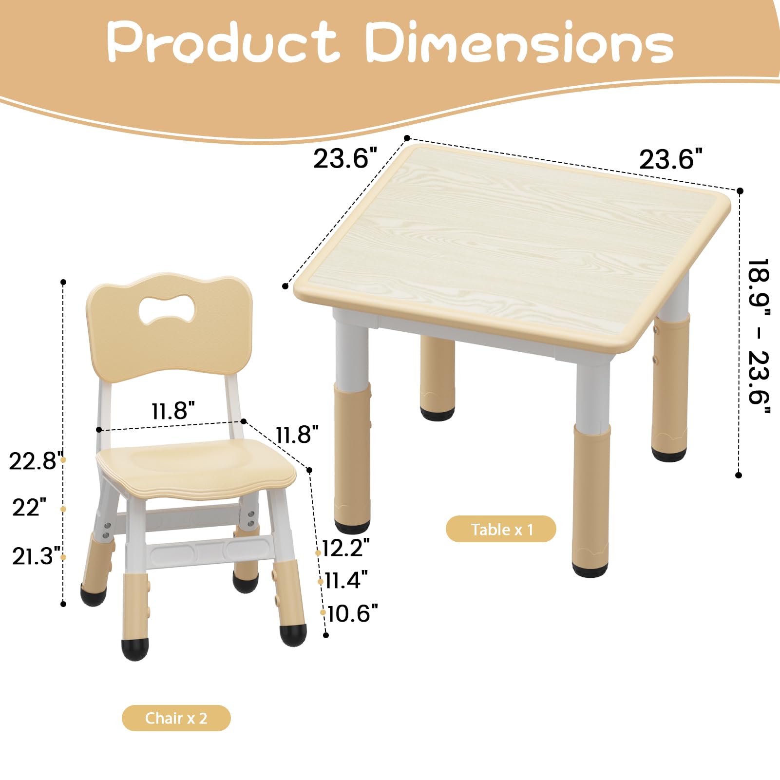 Garvee Set Tavolo e 2 Sedie per Bambini Regolabile in Altezza 4 in 1 MDF e Plastica per Studio e Gioco, 23.6"x23.6", Multicolore