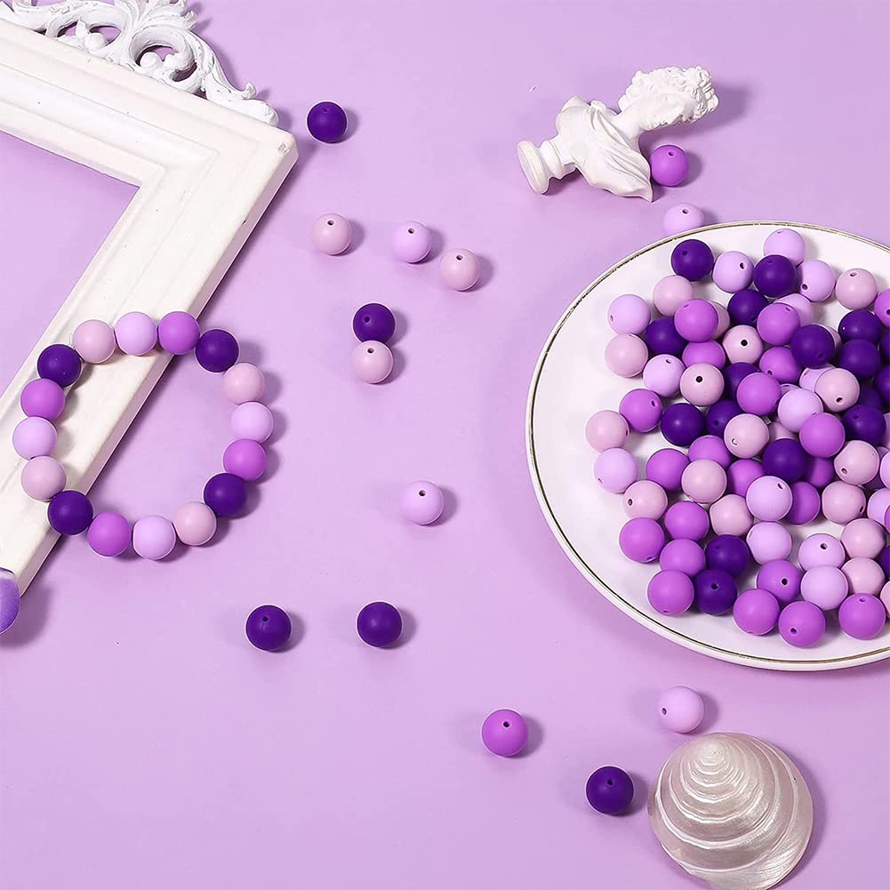 Garvee 120 perline in silicone per la creazione di braccialetti, perline rotonde colorate da 15 mm con filo, viola, resistenti per gioielli e portachiavi