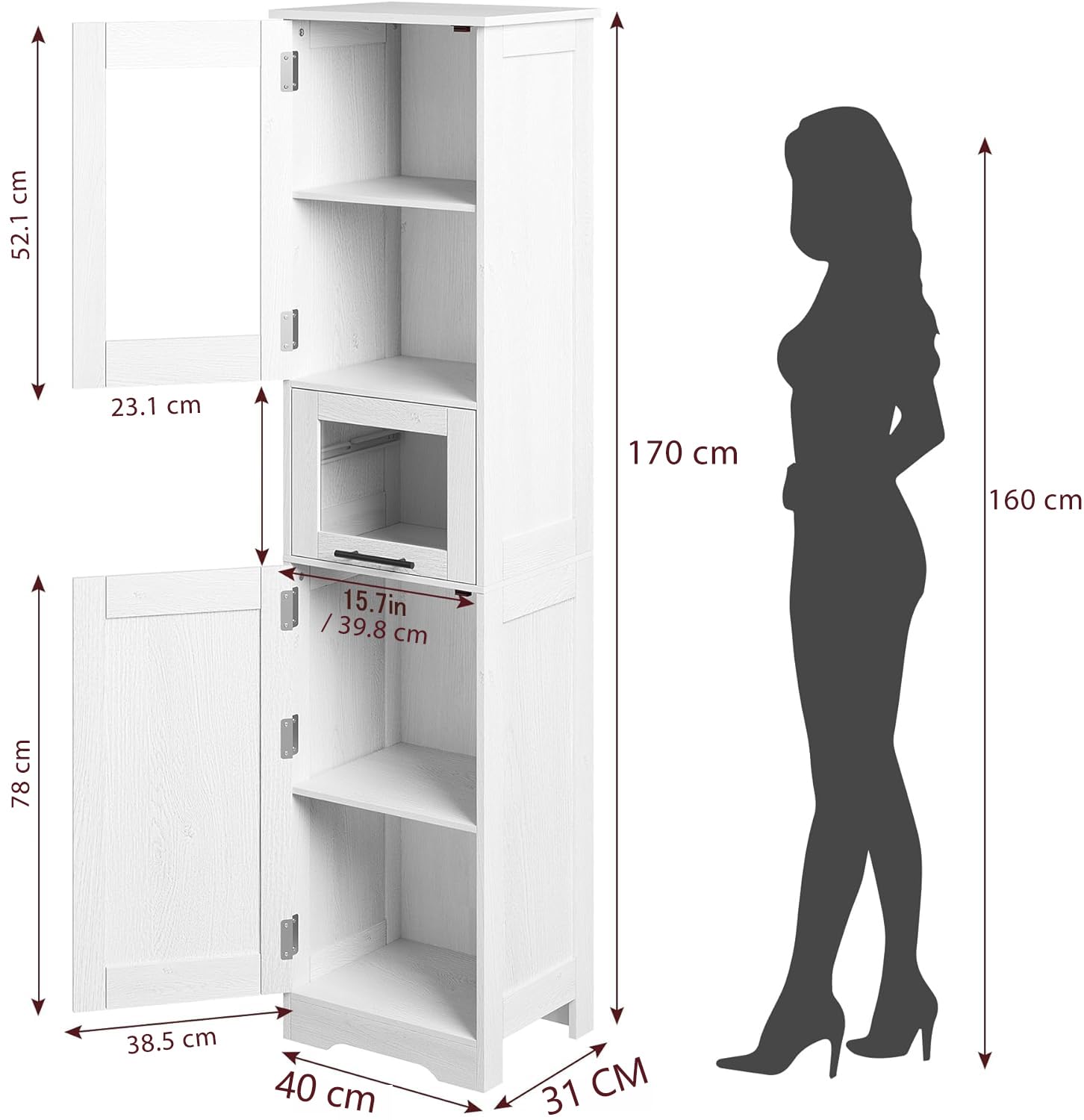 Garvee Mobiletto Bagno Alto Stretto 67in, Vetro, Ripiani Regolabili, MDF, Design Moderno, Antiribaltamento, Bianco, Spazi Ristretti
